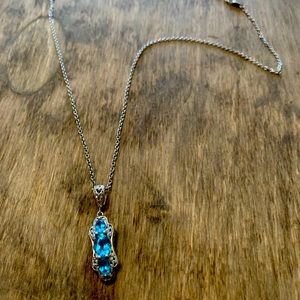 Sterling Silver 20” Necklace w/ Fillagree Pendant Untested Stones Adjusts to 18”